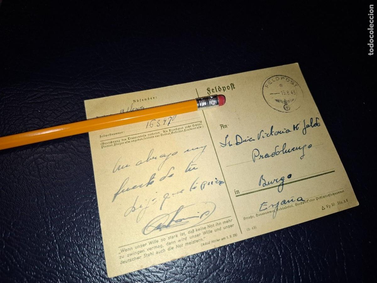 Postales: Tarjeta. Feldpost. Alferez division azul. 1943