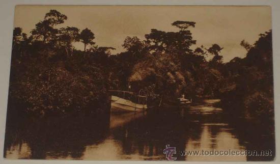 Cartes Postales: ANTIGUA POSTAL DE GUINEA CONTINENTAL - REMOLCADORES EN EL RIO UTONGO - ED. PUBLICACIONES PATRIOTICAS