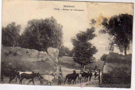 Cartes Postales: Taza. Marruecos. Retour de&acute;l&acute;Abreeuvoir. Marca de coleccionista cartofilo. Circulada.