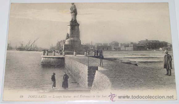 Cartoline: ANTIGUA POSTAL DE PORT SAID - LESSEPS ESTATUA Y ENTRADA AL CANAL DE SUEZ- CIRCULADA.