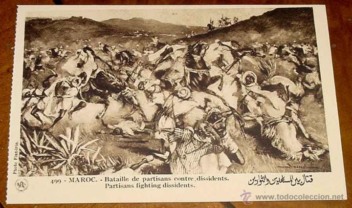 Postais: ANTIGUA POSTAL DE MARRUECOS - BATAILLE DE PARTISANS CONTRE DISSIENTS - PAR M. FLANDRIN - SCENES TYPE