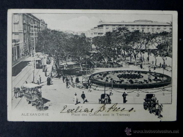 Cartoline: antigua postal, alejandria, plaza de los consules y el tranvia, sin dividir, circulada