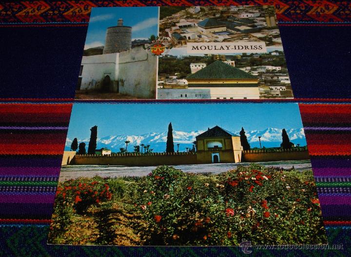 Cartes Postales: MOULAY-IDRISS LA SAINTE Y MARRAKECH LOS JARDINES DE AGUEDAL. SIN USO.