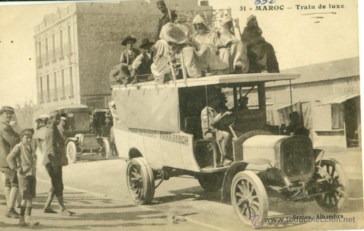 Cartes Postales: MARRUECOS. TREN DE LUJO. AUTOBUS CON VIAJEROS. HACIA 1920.