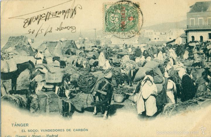 Postcards: TANGER. VENDEDORES DE CARBON EN EL ZOCO. CIRCULADA EN 1905. TRES ESTRELLAS ( * * * ). HAUSER Y MENET