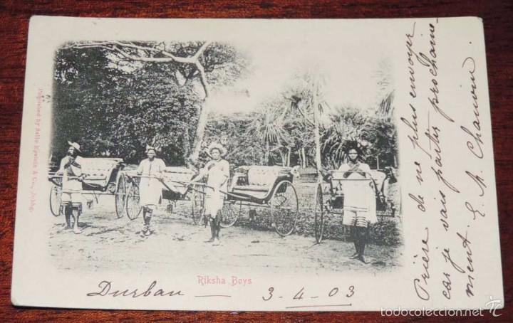 Postales: POSTAL DE DURBAN, RIKSHA BOYS, SUDAFRICA, ED. SALLO EPSTEIN & CO. CIRCULADA, SIN DIVIDIR.