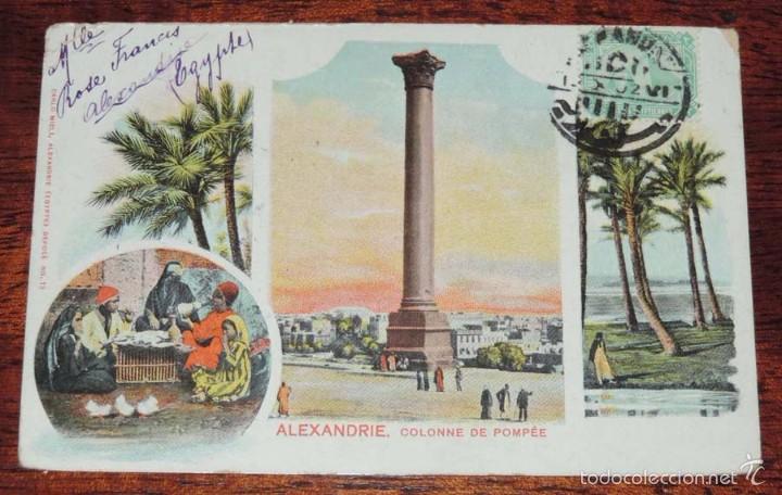 Postales: POSTAL ALEXANDRIE, COLONNE DE POMPEE, EGIPTO, ED. CARLO MIELI, N. 13, CIRCULADA, SIN DIVIDIR.