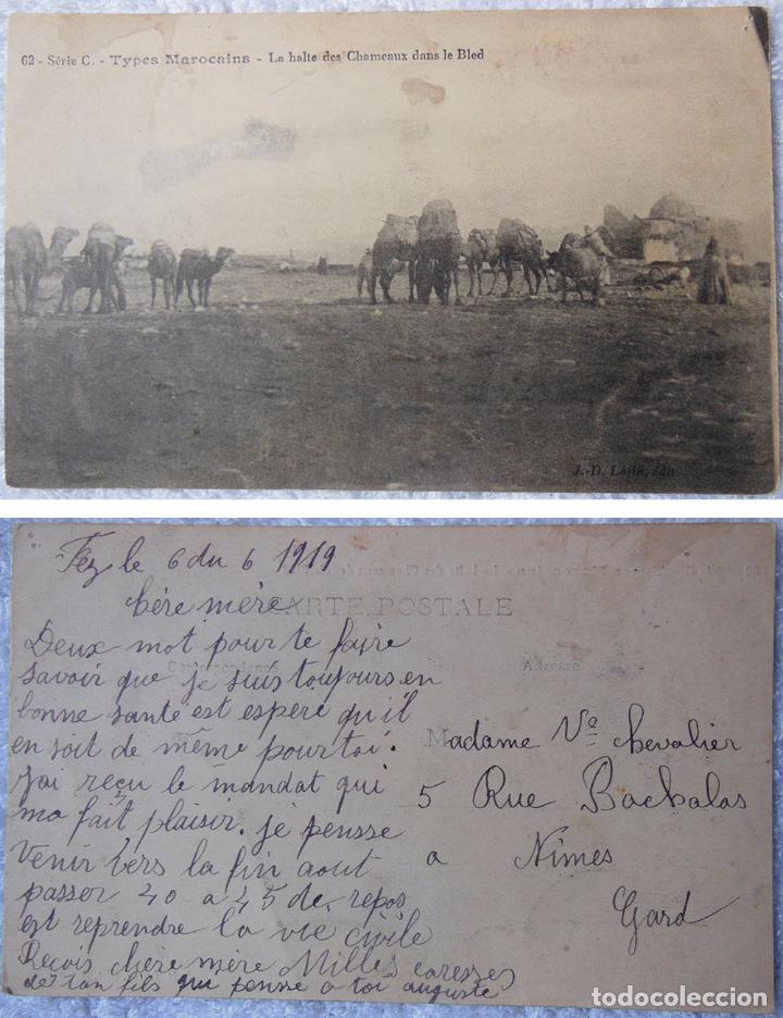 Postais: TYPES MAROCAINS. La halte des Chameaux dans le Bled. 1919