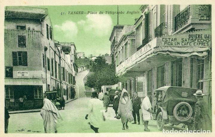 Cartes Postales: TANGER. PLAZA DEL TELEGRAFO INGLES. GRAN CAFE COLON. ANUNCIO EN ESPA&Ntilde;OL. HACIA 1920.