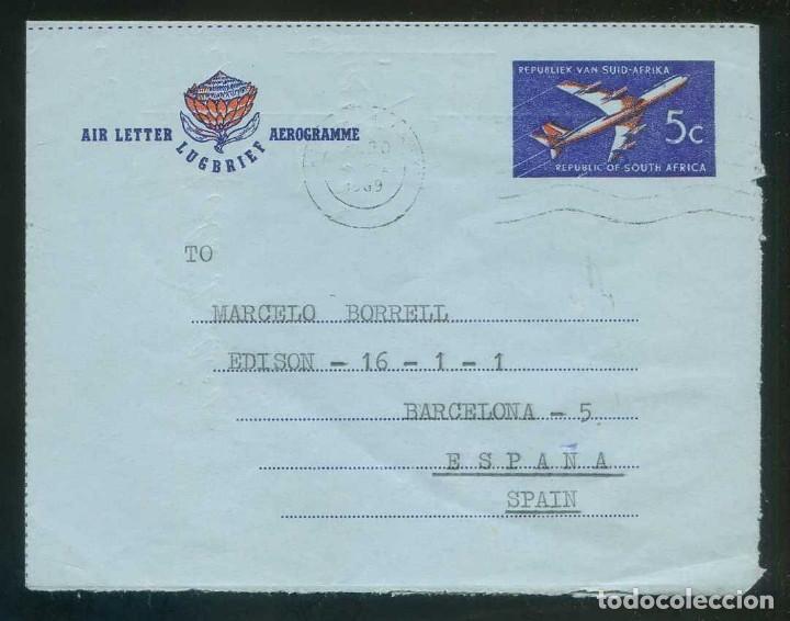Cartes Postales: Sud&aacute;frica. Aerogramme. Air Letter. Facial 5 c. Medidas 98 x 128 mms. Circulada 1969.