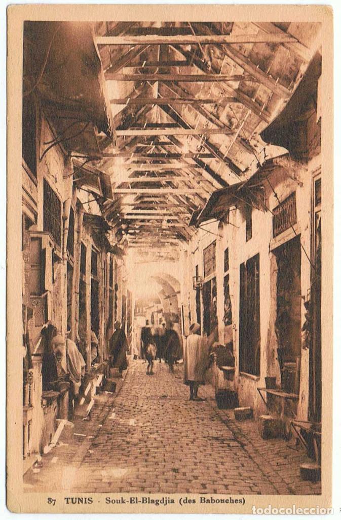 Cartoline: Postal Tunez. Souk El-Blagdjia (des Babouches) N&ordm; 87. Librairie Saliba. Sin circular