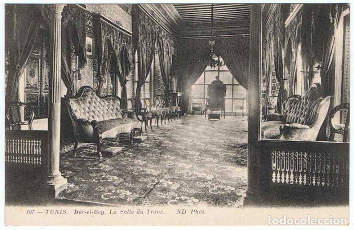Cartoline: Postal Tunez. Dar-el-Bey. La Salle du Trone N&ordm; 107. ND Phot. Sin circular