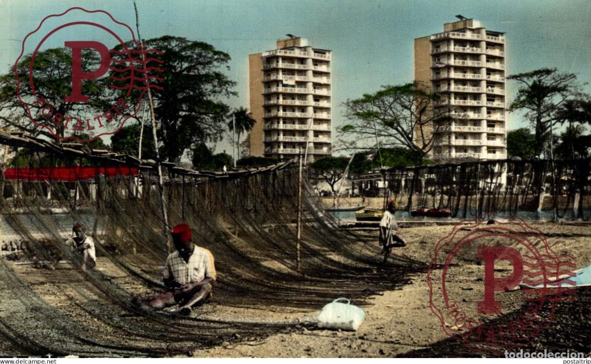 Postales: GUINEA. GUINEE CONAKRY Filets de p&ecirc;che et gratte-ciel &agrave; BOULBINET