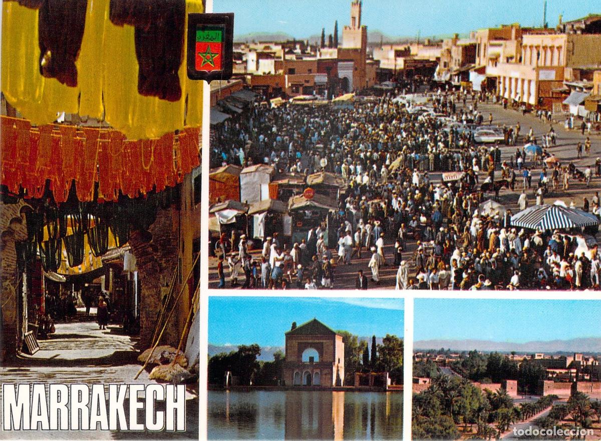 Postales: Postal de Marrakech, Marruecos - Vistas de Djemaa El Fna y Menara