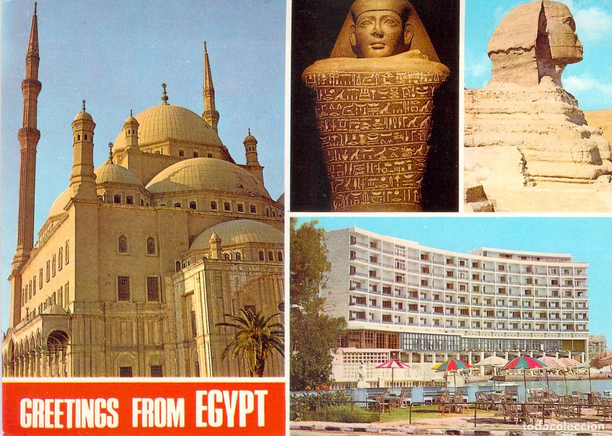 Postales: Postal de Egipto: Mezquita de Mohamed Al&iacute;, Esfinge y Hotel Palestine