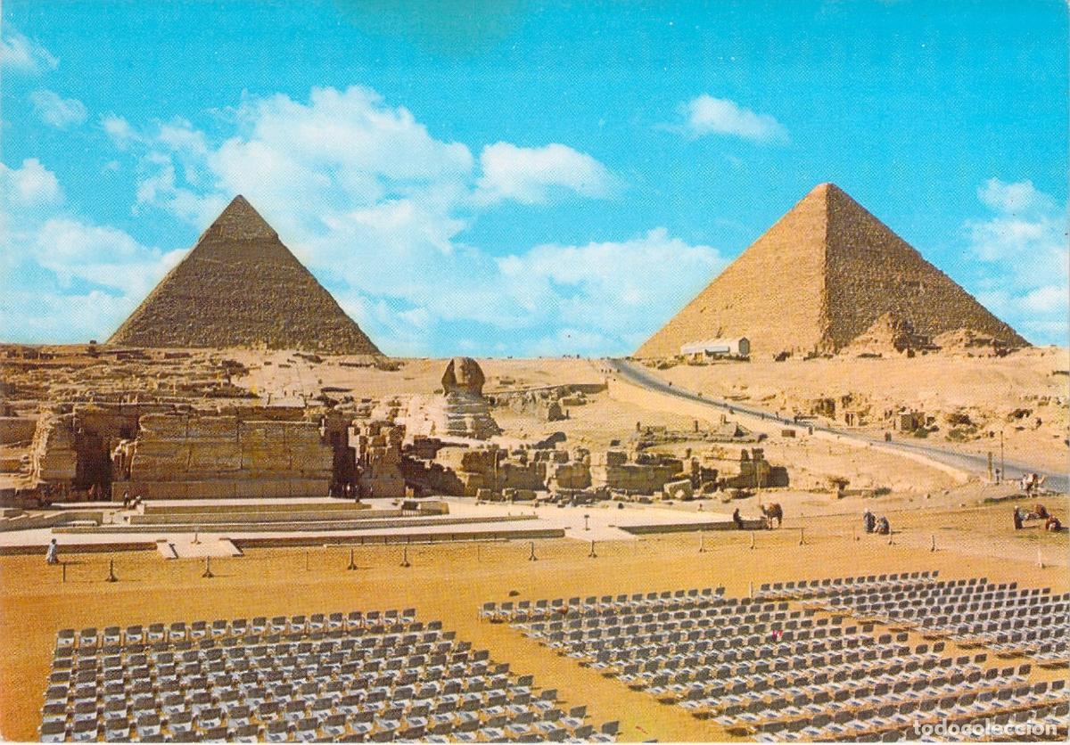 Postales: Postal de la Esfinge y Pir&aacute;mides de Keops y Kefr&eacute;n en Giza, Egipto