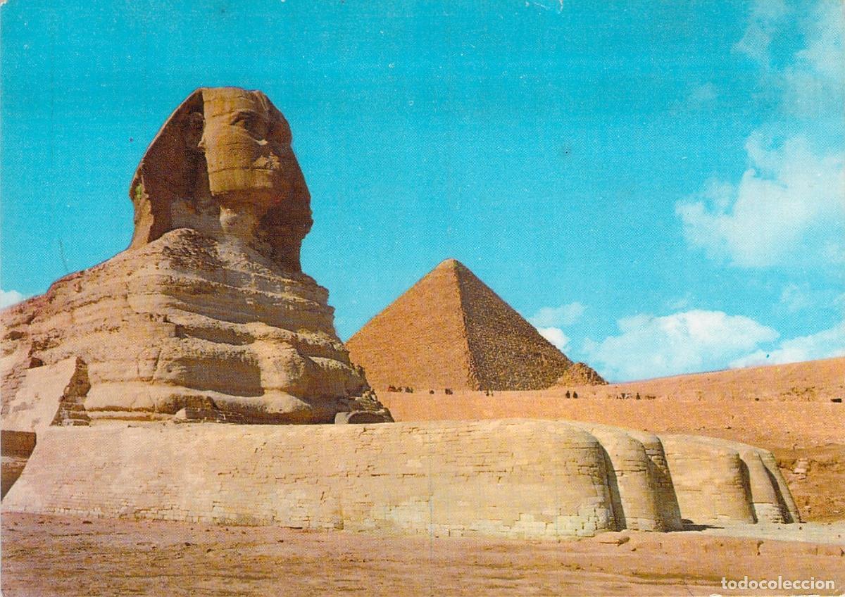 Postales: Postal de la Gran Esfinge y la Pir&aacute;mide de Keops en Giza, Egipto