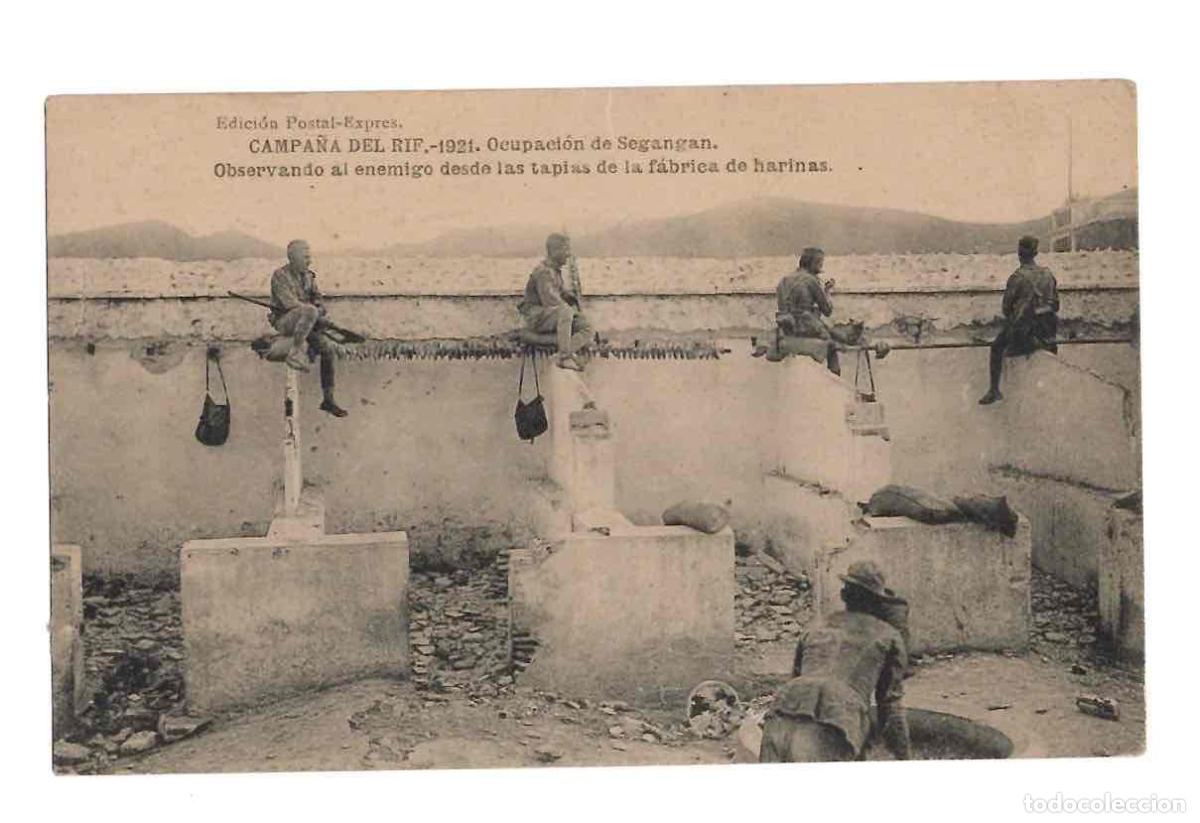 Postales: TARJETA POSTAL CAMPA&Ntilde;A DEL RIF 1921 OCUPACION DE SEGANPAN. OBSERVANDO AL ENEMIGO FABRICA DE HARINAS