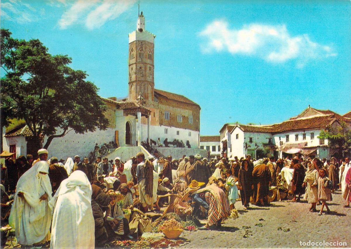 Postales: Postal Zoco T&iacute;pico y Mezquita en Xauen Chefchaouen Marruecos