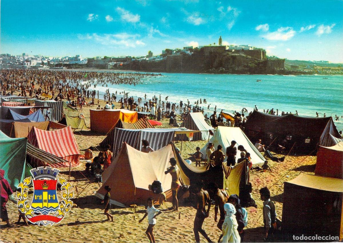 Postales: Postal de la Playa de Rabat frente a Sal&eacute; con Tiendas de Campa&ntilde;a