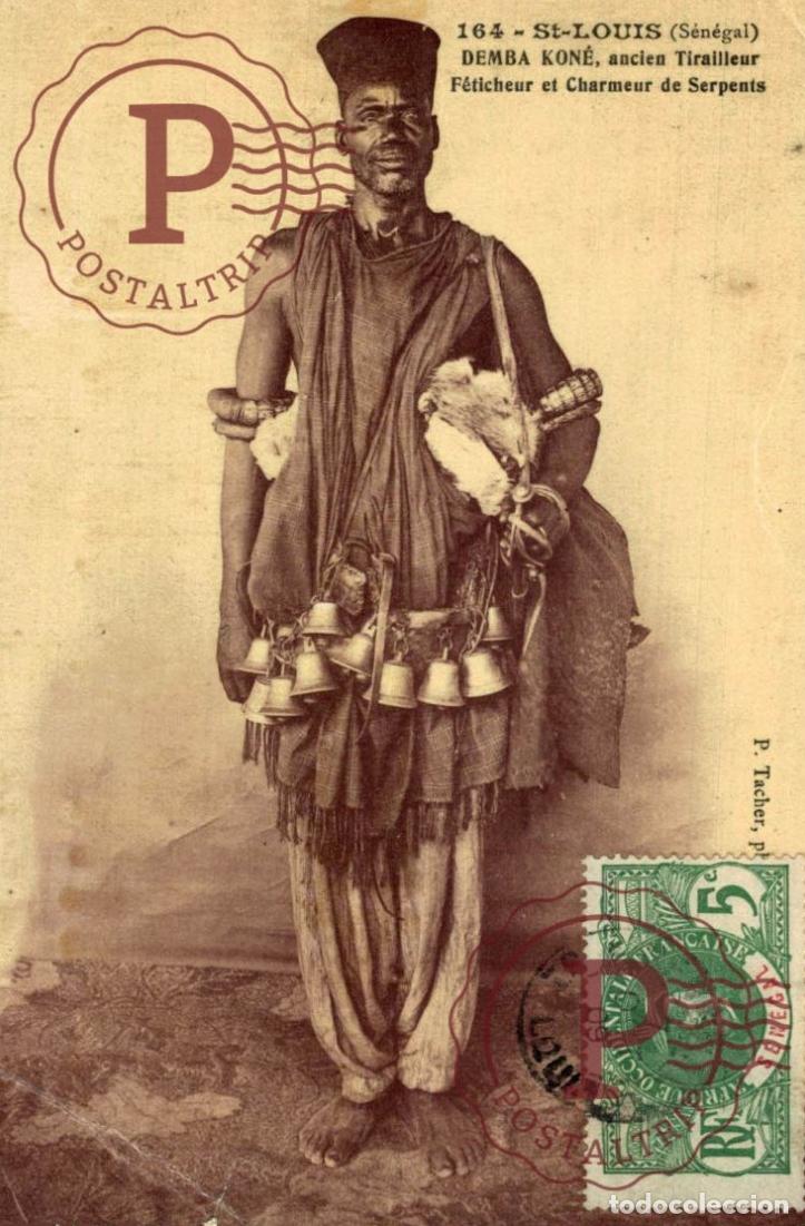 Postales: SENEGAL. SAINT LOUIS - Demba Kon&eacute;,ancien tirailleur f&eacute;ticheur et charmeur de serpents