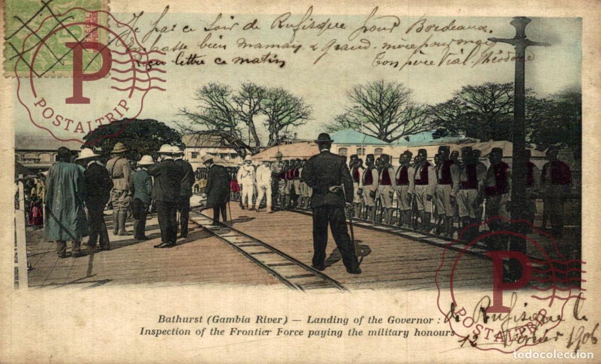 Postais: GAMBIA, Bathurst Gambia River - Landing of the Governor - Inspection of the Frontier Force paying th