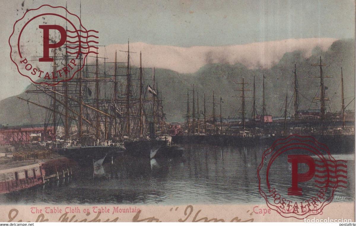 Cartoline: CAPE TOWN DOCKS 1905 THE TABLE CLOTH ON TABLE MOUNTAIN South Africa Sud&aacute;frica