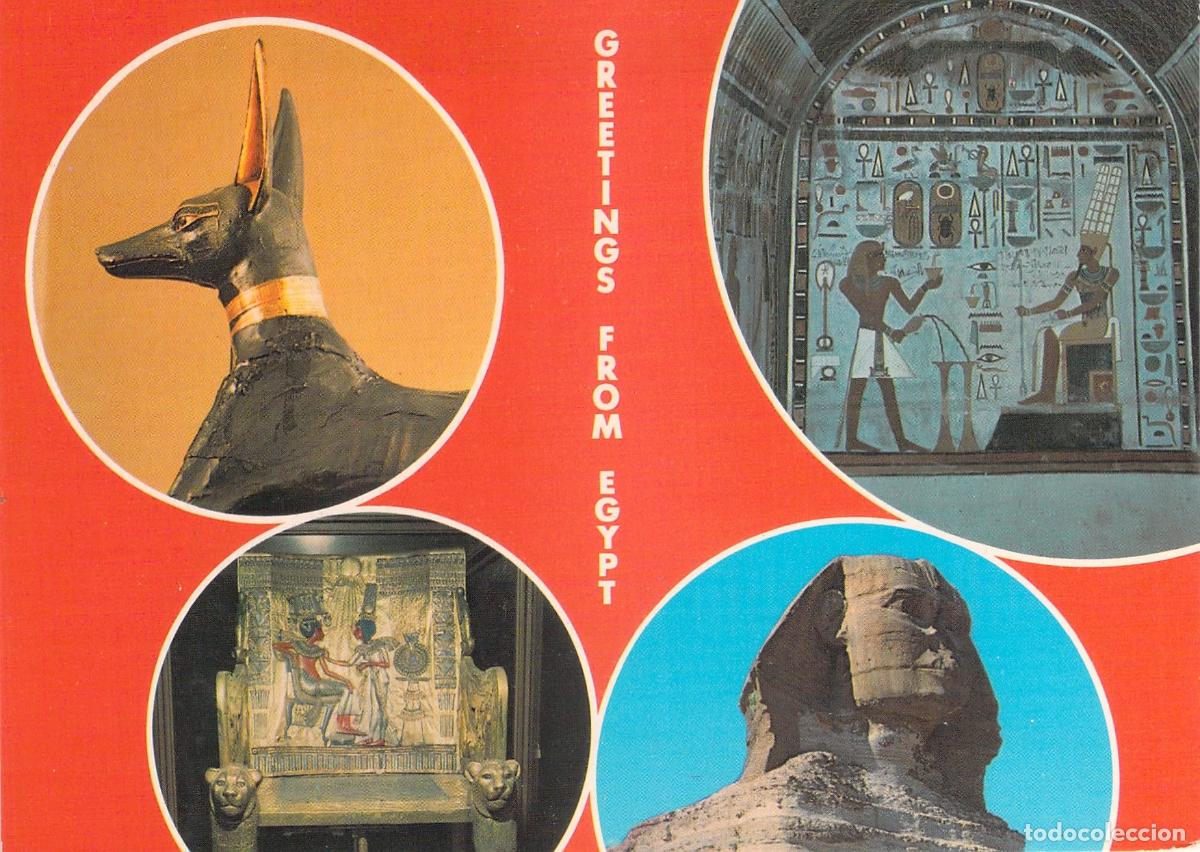 Postales: Postal de Saludos de Egipto con Esfinge, Anubis y Trono de Tutankam&oacute;n