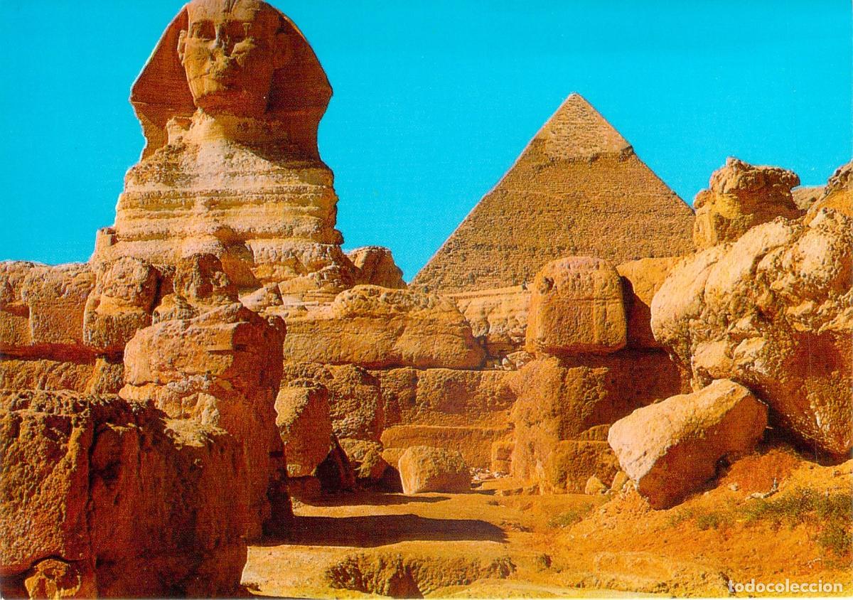 Postales: Postal de la Gran Esfinge de Giza y la Pir&aacute;mide de Kefr&eacute;n, Egipto