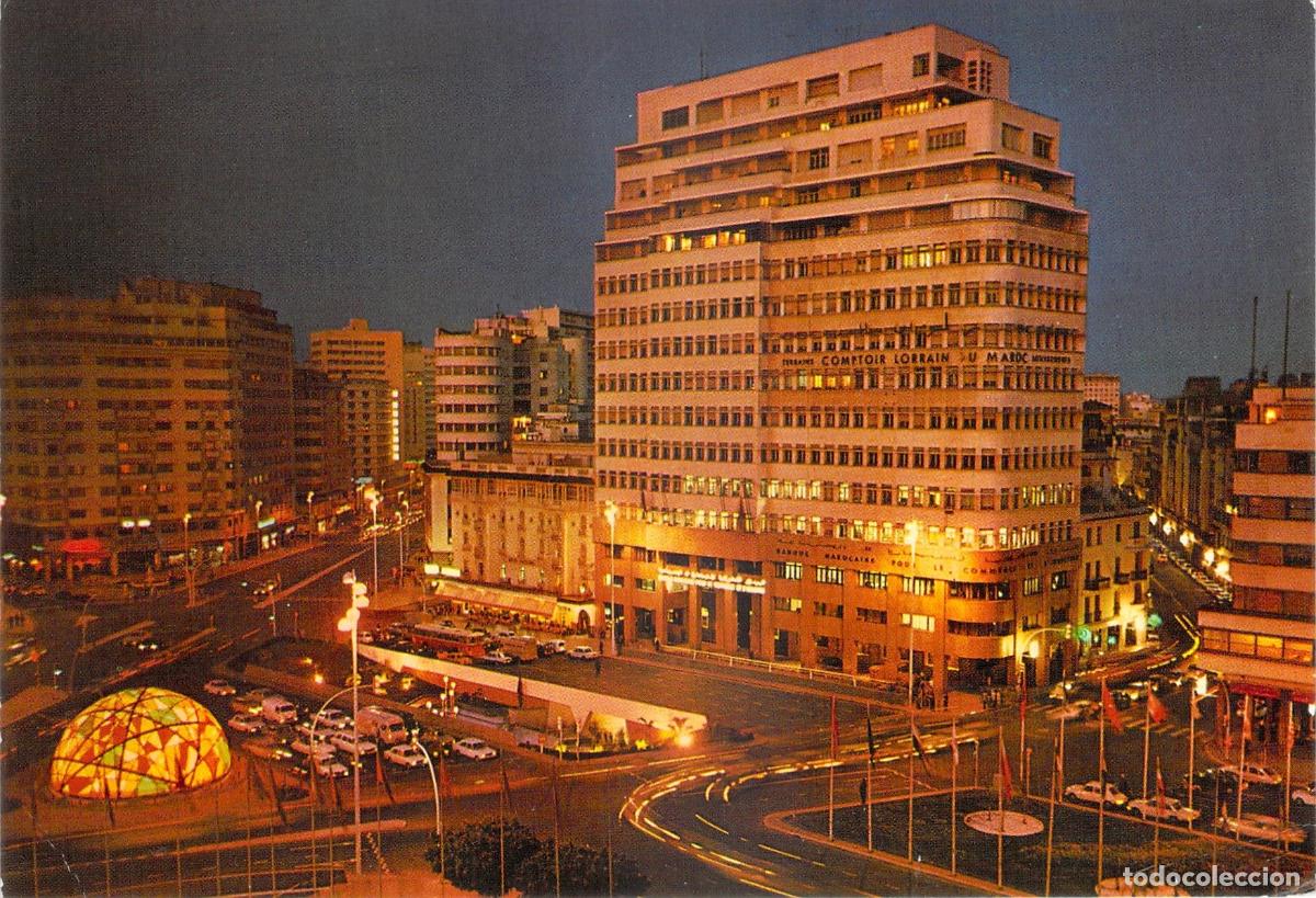 Postales: Postal de Casablanca: Plaza Mohammed V de Noche, Marruecos