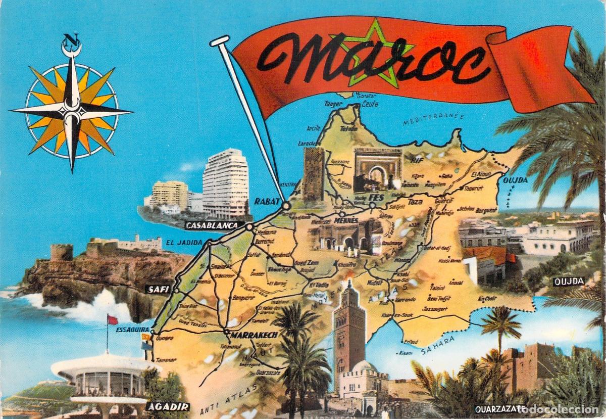Postales: Postal Ilustrada de Marruecos con Mapa y Monumentos