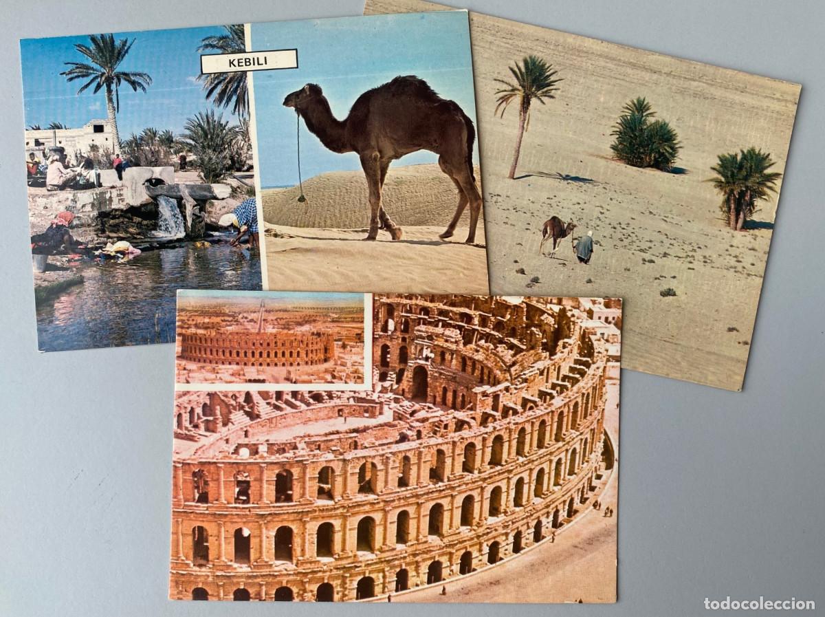Postales: 3 postales antiguas de T&uacute;nez: El Djem, Sahara, K&eacute;bili, a&ntilde;os 1970-80