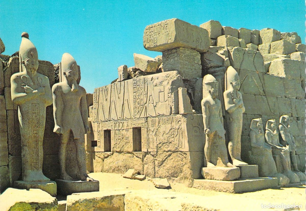 Postales: Postal del Templo de Karnak en Luxor con Estatuas de Faraones