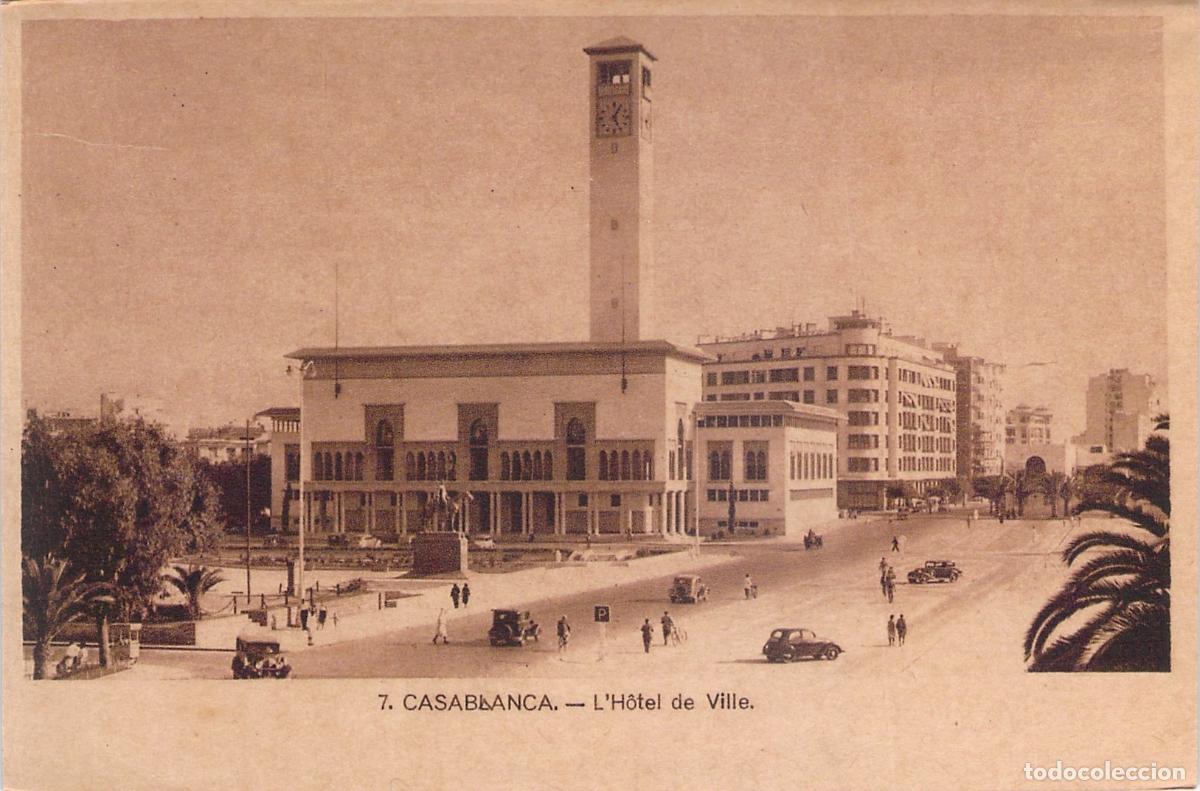 Postales: Postal de Casablanca Marruecos - L'H&ocirc;tel de Ville y Torre del Reloj
