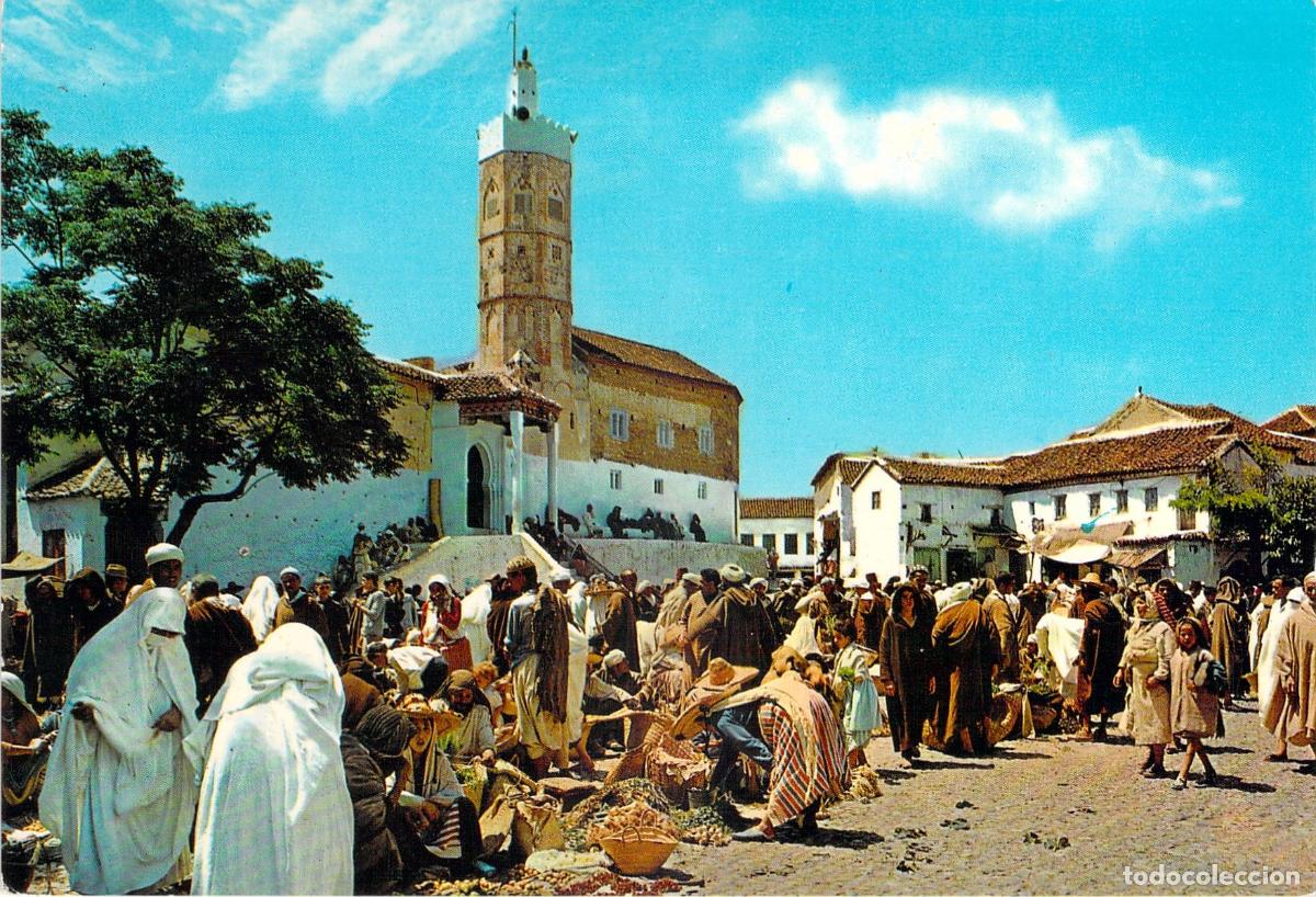 Postales: Postal de Xauen Marruecos Zoco T&iacute;pico con Mezquita al Fondo