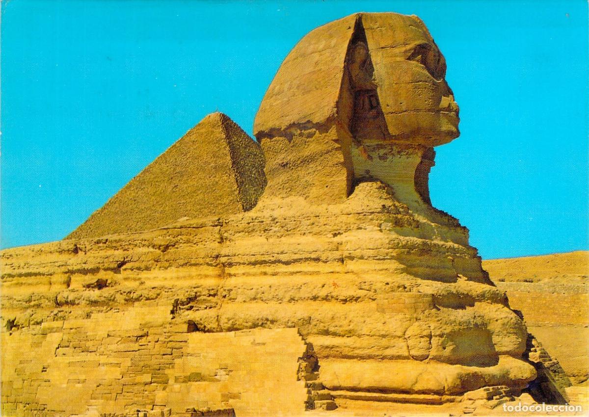 Postales: Postal de la Gran Esfinge de Giza y la Pir&aacute;mide de Kefr&eacute;n en Egipto