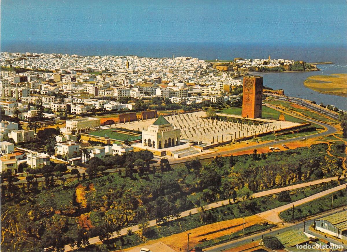 Postales: Postal de Rabat: Vista A&eacute;rea del Mausoleo de Mohammed V y Torre Hassan