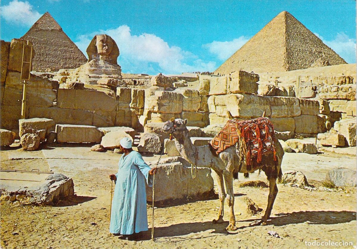 Postales: Postal de Giza con la Gran Esfinge, la Pir&aacute;mide de Keops y un Camello