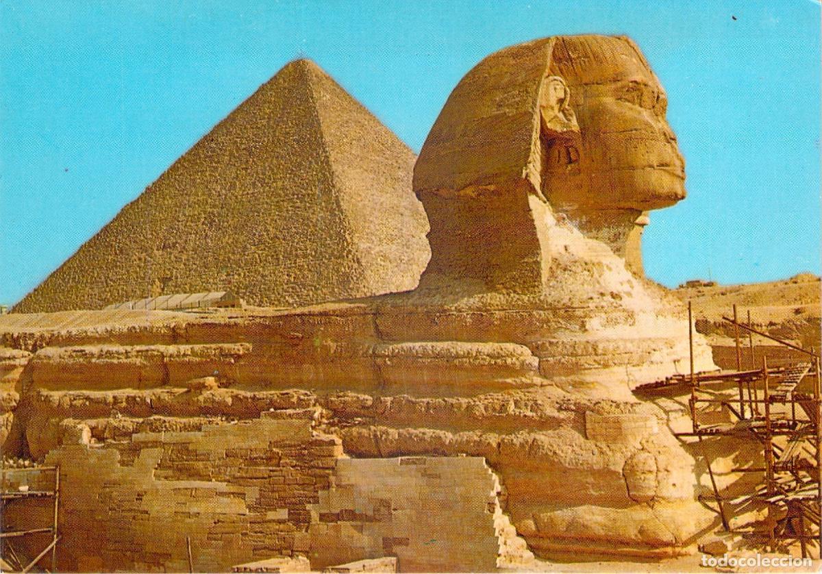 Postales: Postal de Egipto: La Gran Esfinge y la Pir&aacute;mide de Keops en Guiza