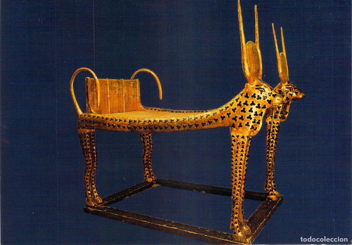 Postales: Postal del Tesoro de Tutankam&oacute;n, Cama Funeraria de Hathor en el Museo de El Cairo