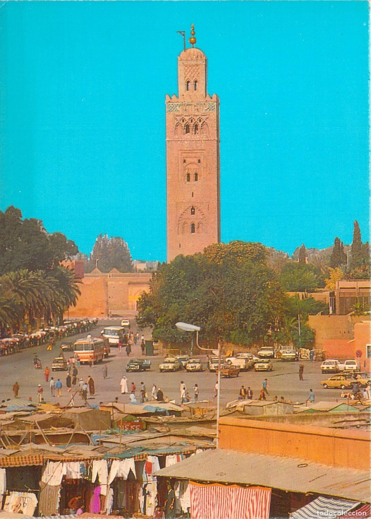 Postales: Postal de Marrakech: Mezquita Koutoubia y Plaza Jamaa el-Fna