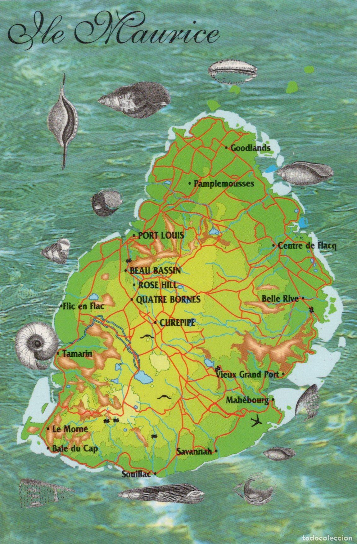 Postales: Mauritius Port Louis Island Map Featuring Towns Roads Landmarks Marine *YAA984