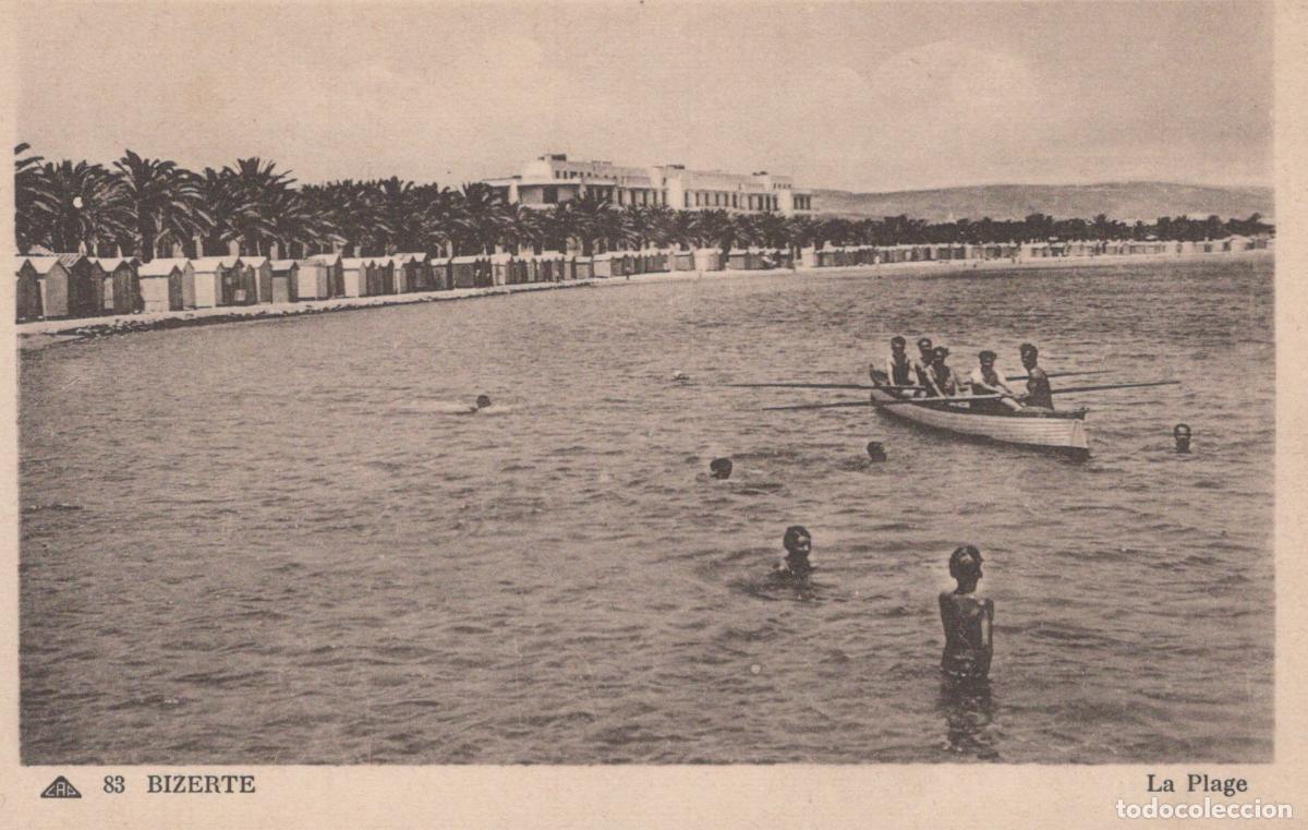 Postales: Bizerte Beach with Bathers, Rowing Boat, Palm Trees, and Building *YAG739