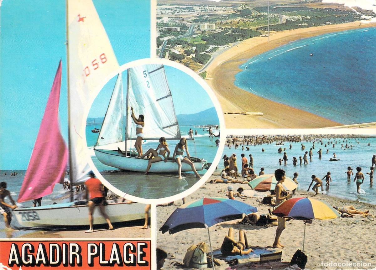 Postales: Postal de la playa de Agadir en Marruecos con veleros