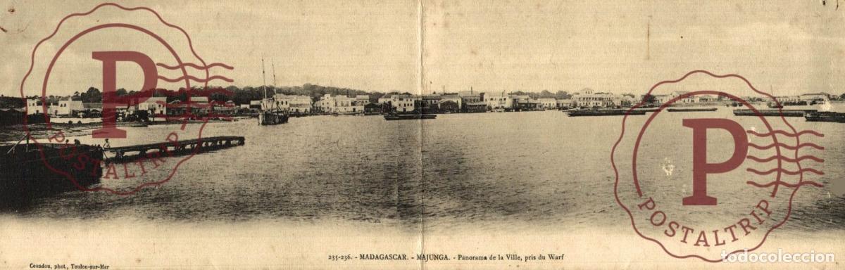 Postales: MADAGASCAR. POSTAL DOBLE. MAJUNGA. PANORAMA DE LA VILLE, PRIS DU WARF.