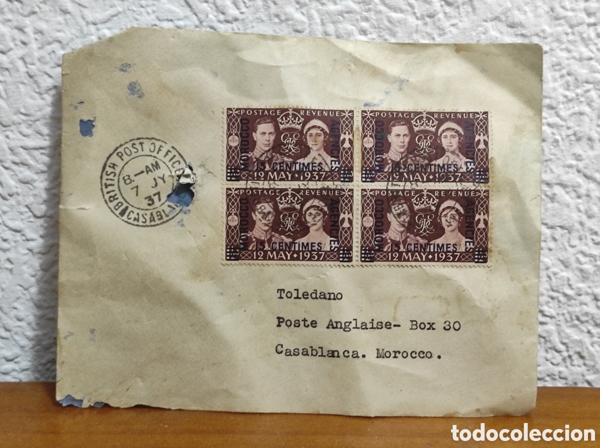 Postales: Carta circulada en Casablanca, Marruecos. Agencia brit&aacute;nica conmemoraci&oacute;n coronaci&oacute;n Jorge VI.