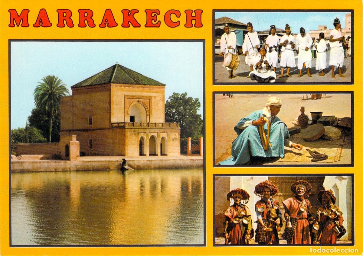 Postales: Postal de Marrakech con Menara y Escenas Culturales