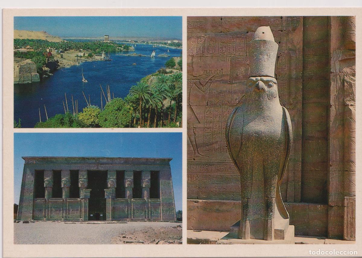 Postales: EGIPTO, EL NILO EN ASU&Aacute;N, FACHADA DEL TER HATHUR, HORUS EN EL TEMPLO EDFU - S/C