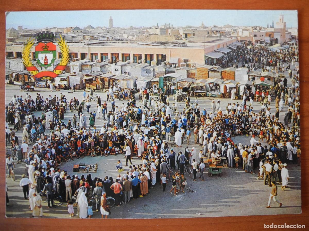 Cartoline: Marruecos. La c&eacute;lebre plaza Dj&eacute;maa El Fna en Marrakech. Circulada 1986