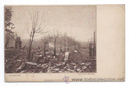 Postales: VALPARAISO. AVENIDA BRASIL. (M. HEYDEL). CHILE. EDIFICIOS EN RUINAS. (REVERSO SIN DIVIDIR).